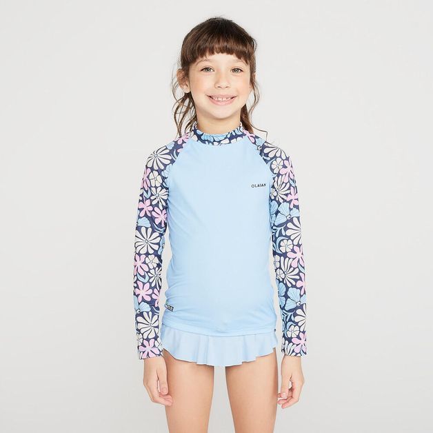Camiseta Infantil Surf e Bodyboard FPU50+ 100 Olaian, azul-floral, 7-8 ANOS