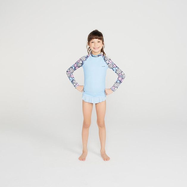 Camiseta Infantil Surf e Bodyboard FPU50+ 100 Olaian, azul-floral, 7-8 ANOS