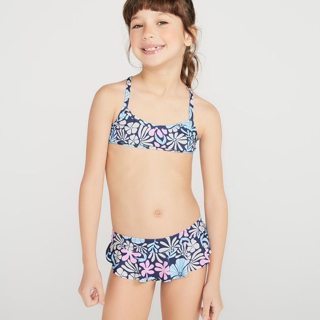 Biquini Infantil de Surf Calcinha Babado Olain, azul-floral, 9-10 ANOS