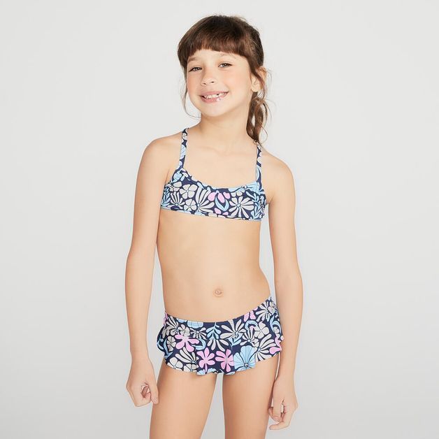 Biquini Infantil de Surf Calcinha Babado Olain, azul-floral, 9-10 ANOS